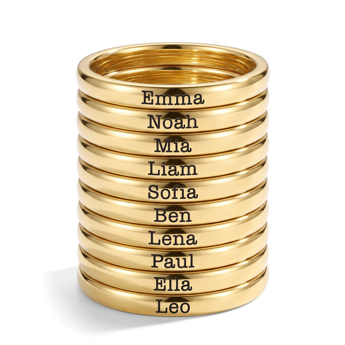 Tiny Stackable Name Ring – Gold – 10 rings stacked