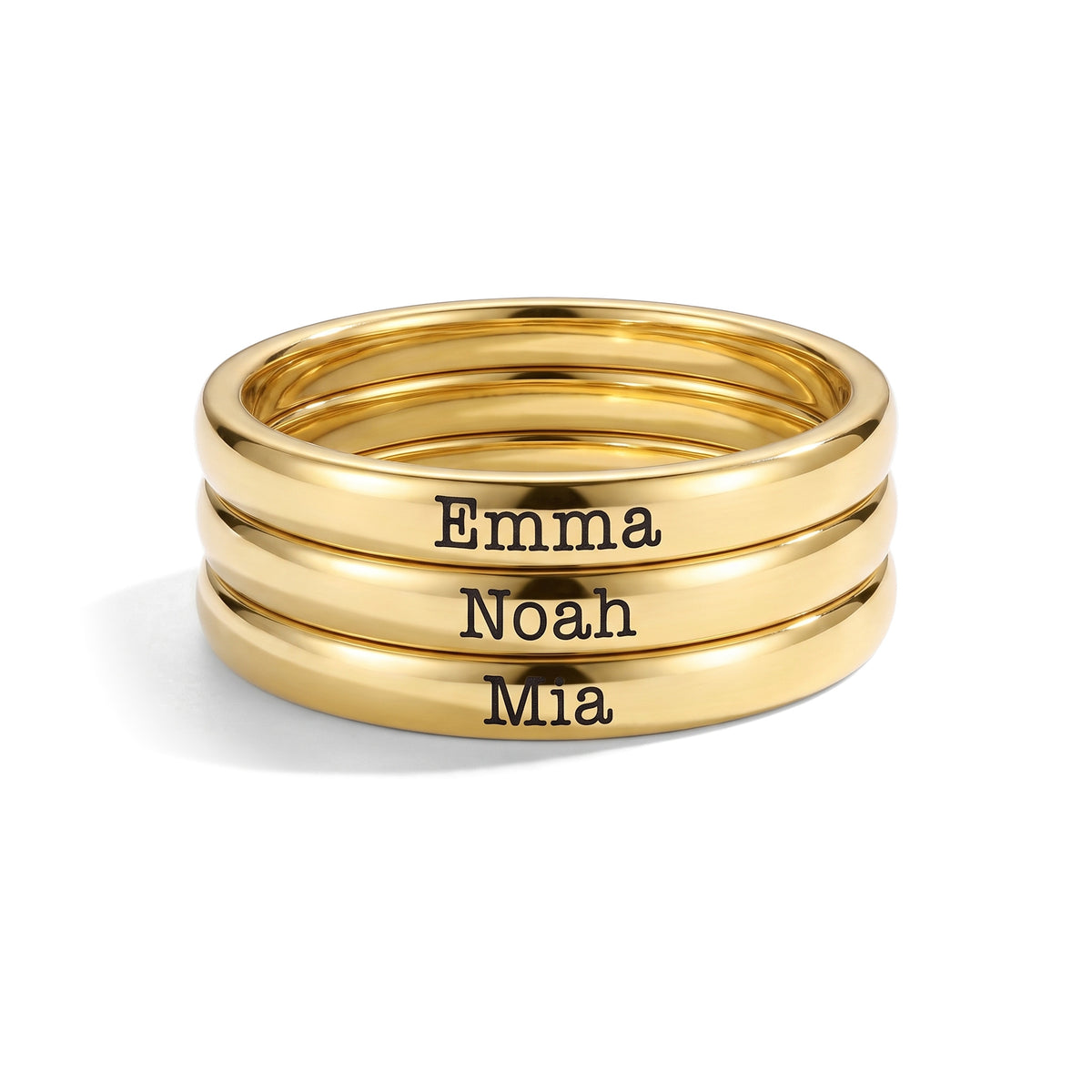 Tiny Stackable Name Ring – Gold – 3 rings stacked
