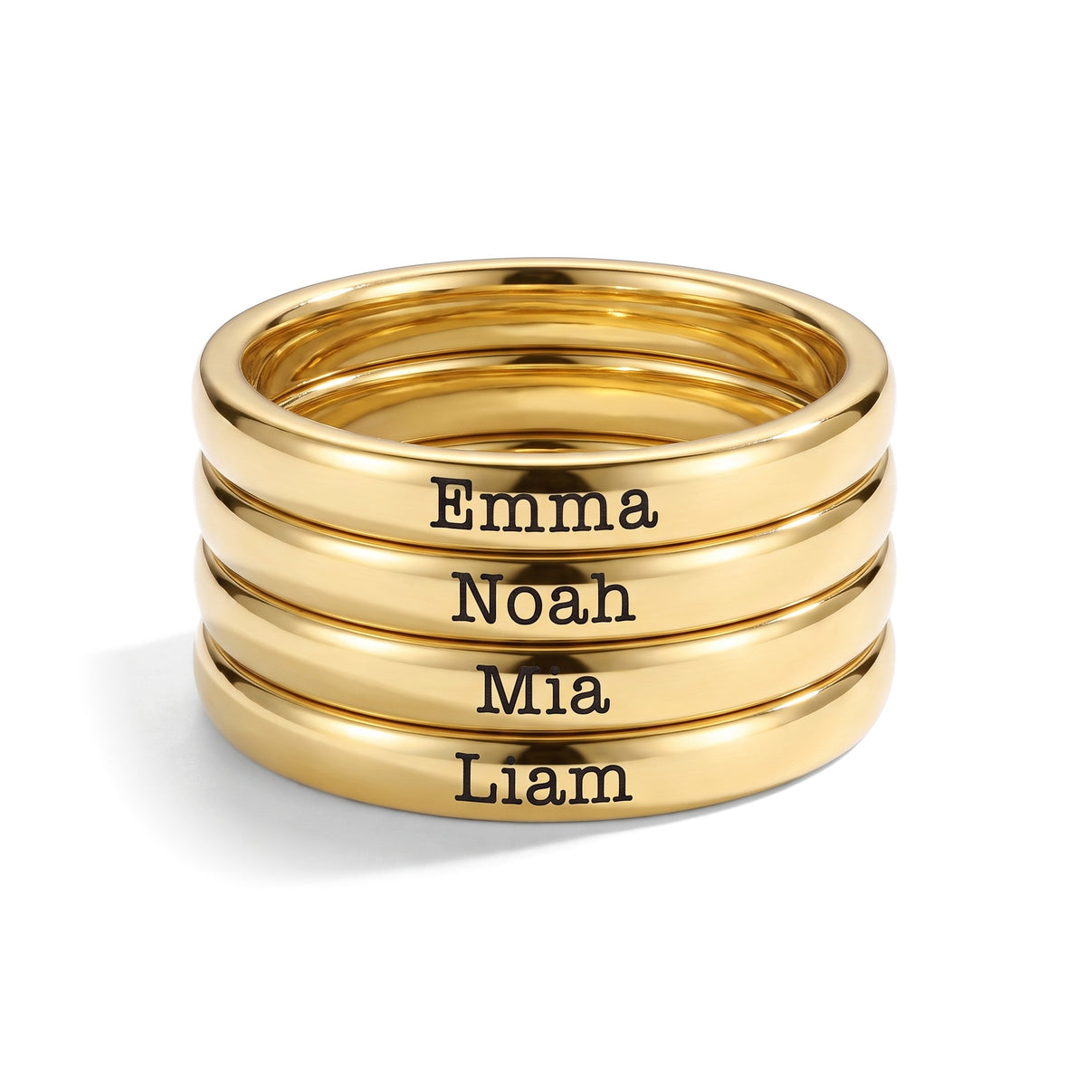 Tiny Stackable Name Ring – Gold – 4 rings stacked