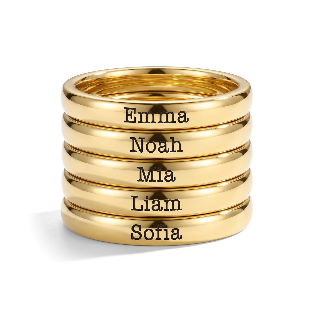 Tiny Stackable Name Ring – Gold – 5 rings stacked