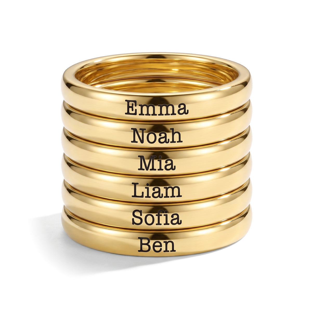 Tiny Stackable Name Ring – Gold – 6 rings stacked