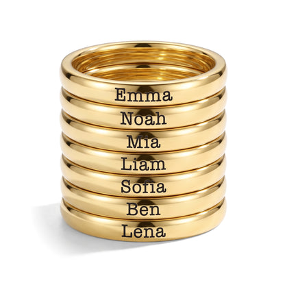 Tiny Stackable Name Ring – Gold – 7 rings stacked