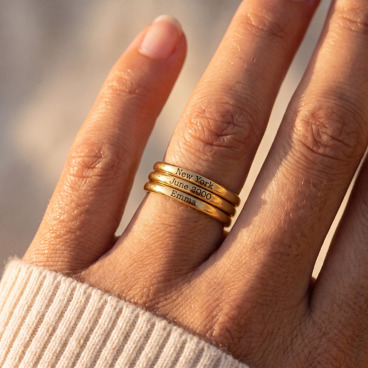 Tiny Stacked Name Ring – Gold – worn