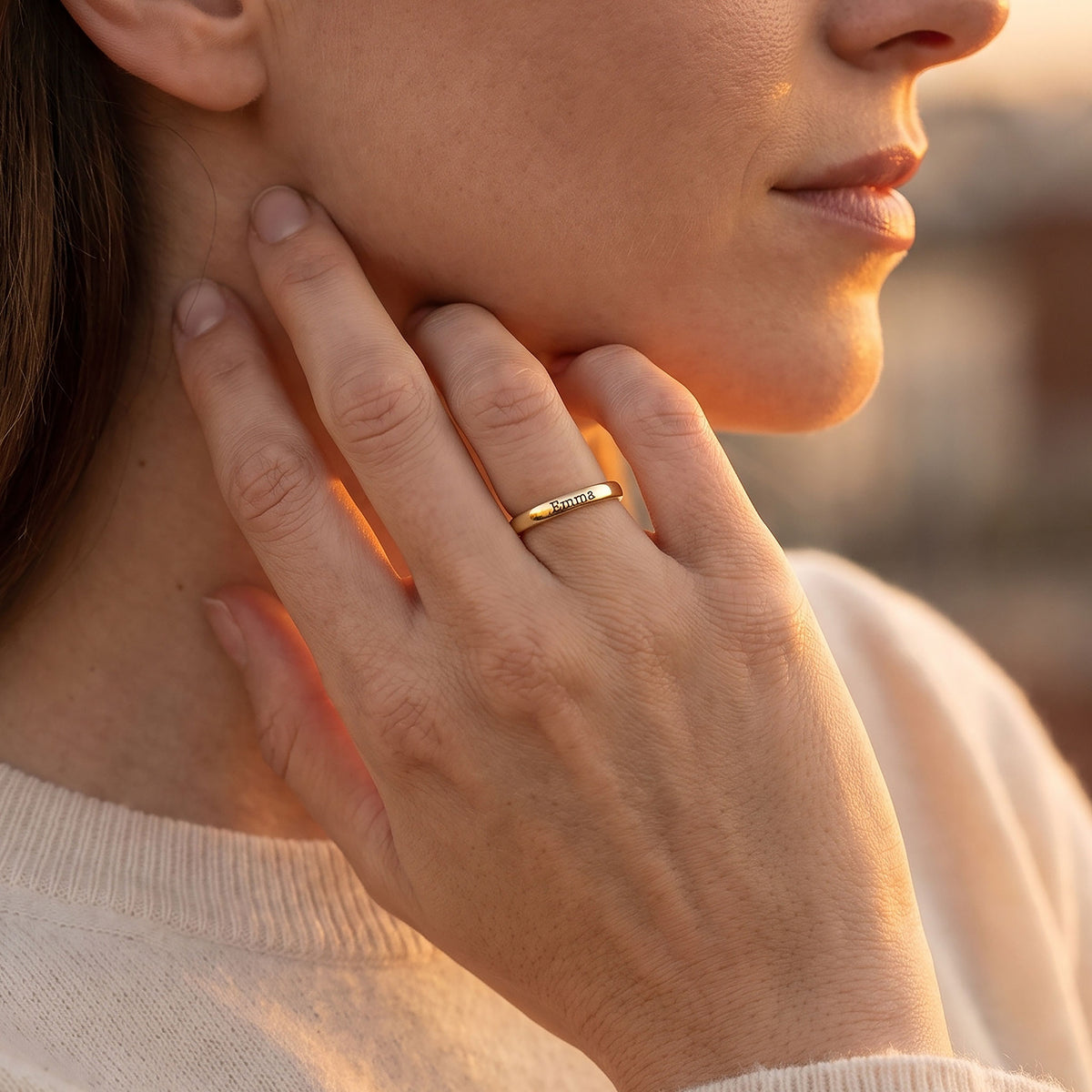 Tiny Stackable Name Ring – Gold – worn