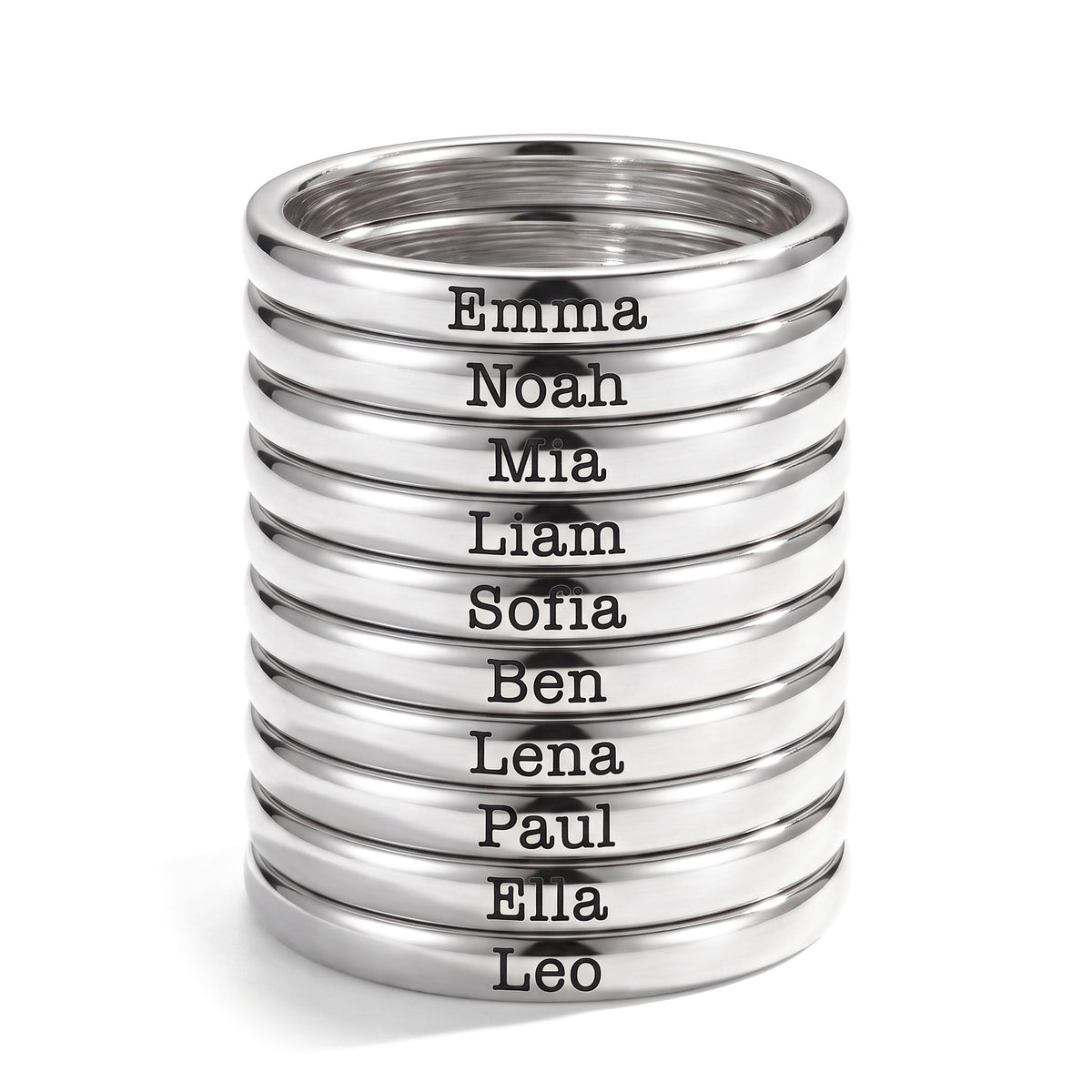 Tiny Stackable Name Ring – Silver – 10 rings stacked