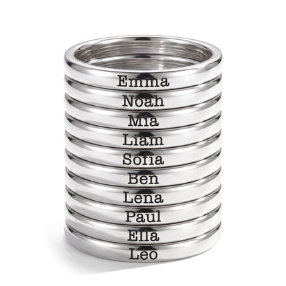 Tiny Stackable Name Ring – Silver – 10 rings stacked