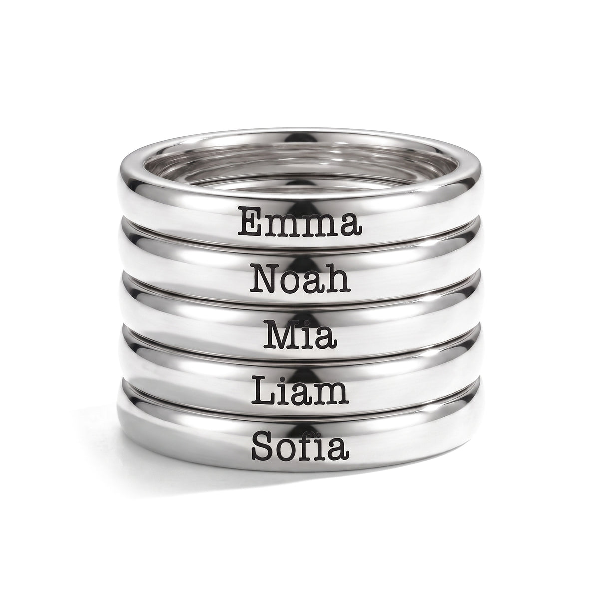 Tiny Stackable Name Ring – Silver – 5 rings stacked