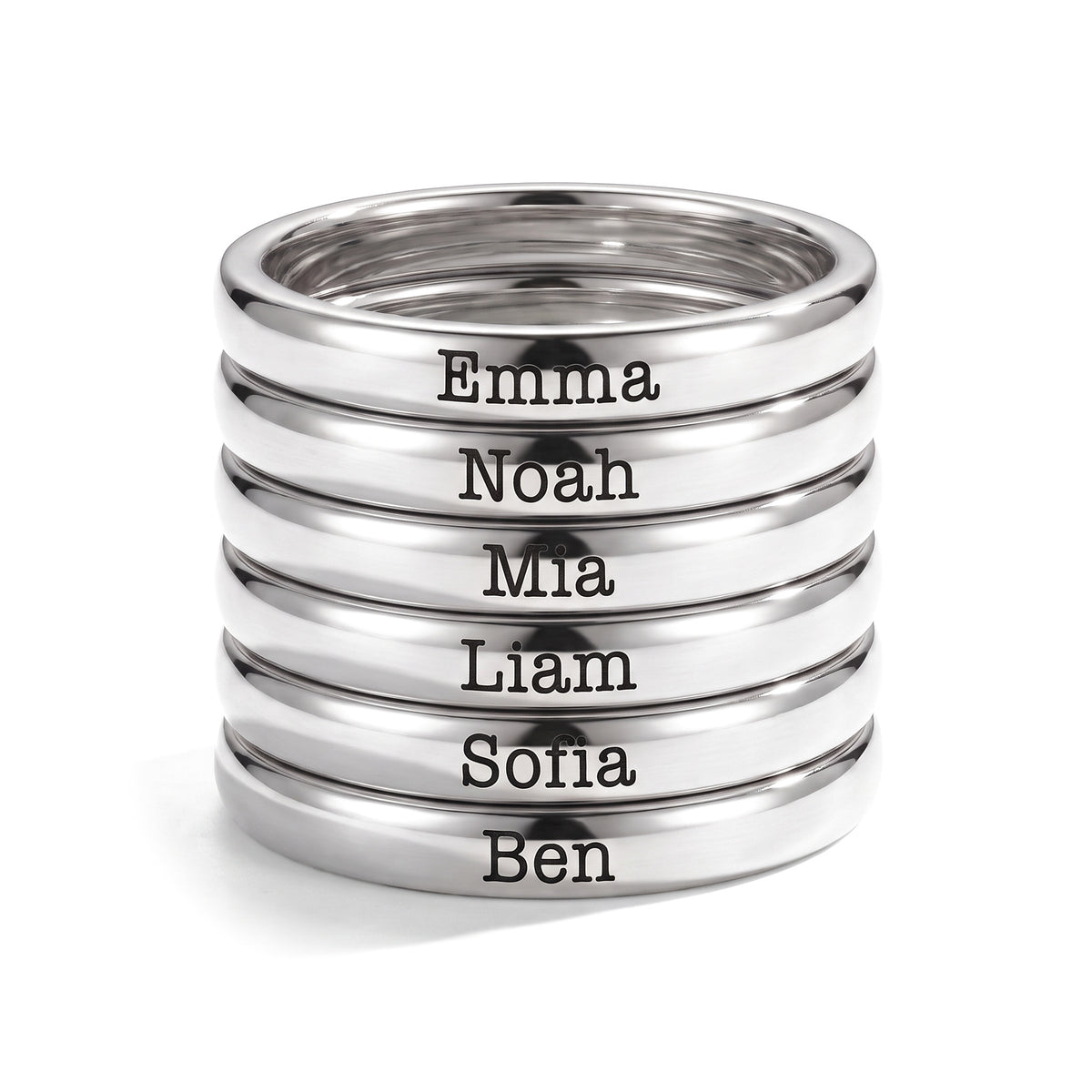 Tiny Stackable Name Ring – Silver – 6 rings stacked