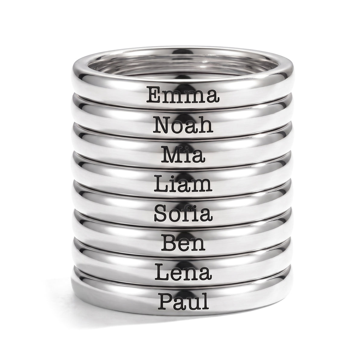 Tiny Stackable Name Ring – Silver – 8 rings stacked