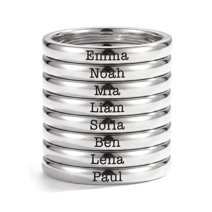 Tiny Stackable Name Ring – Silver – 8 rings stacked