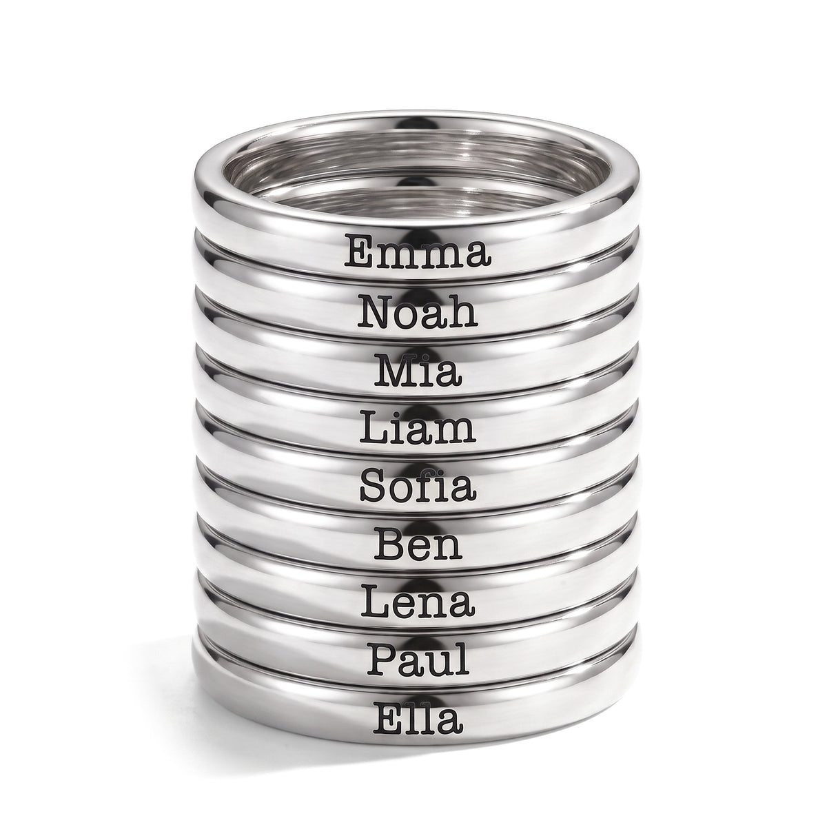 Tiny Stackable Name Ring – Silver – 9 rings stacked
