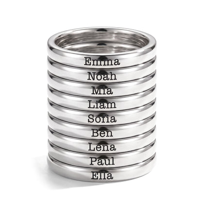 Tiny Stackable Name Ring – Silver – 9 rings stacked